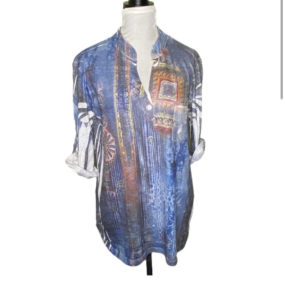Impulse Button Top Denim Crackle Print Roll Tab Sleeves Blue White Size Large